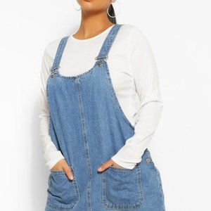 Boohoo Plus Denim Pocket Pinafore Dress in Indigo